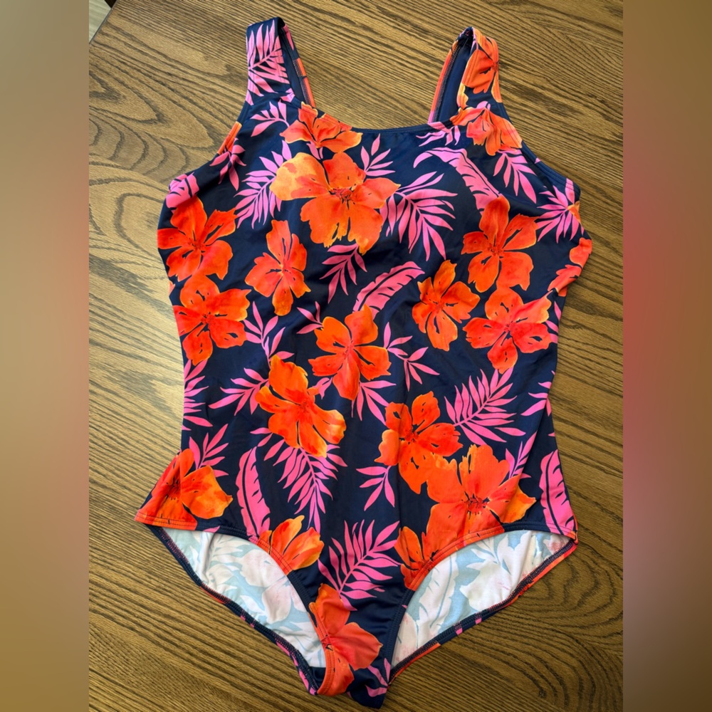 Lands' End Tugless Orange and Pink One Piece Swimwear Tropical Print
